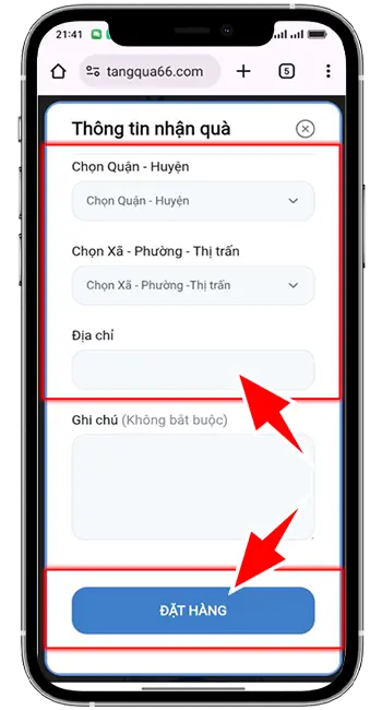 Bước 6: Điền đầy đủ thông tin hệ thống yêu cầu -> Chọn Đặt Hàng để hoàn tất
